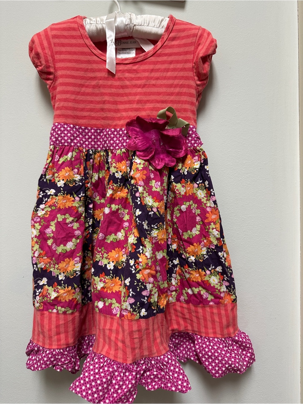 Bonnie Jean Pink Floral Stripe Girls Dress with Flower Accent